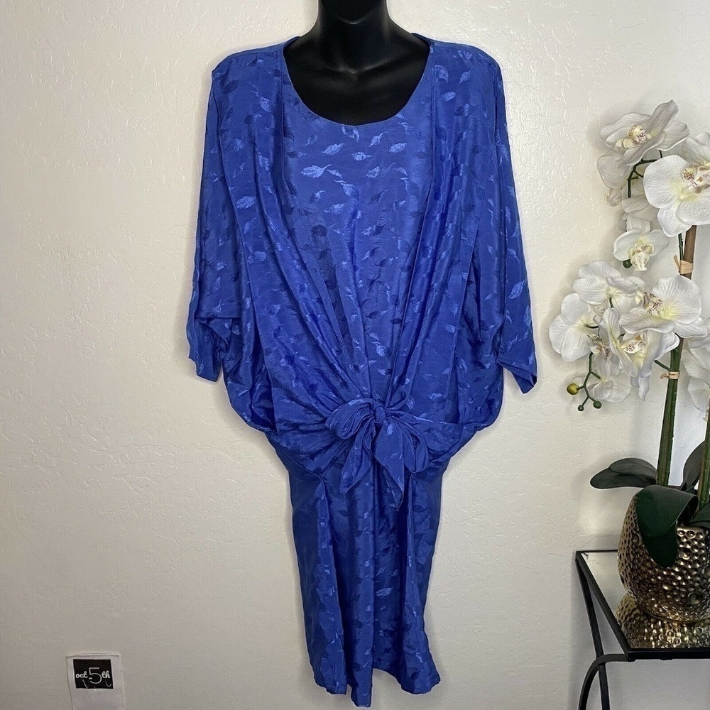 Vintage 80s Silky Polyester Blue Front Tie Secretary Dress M